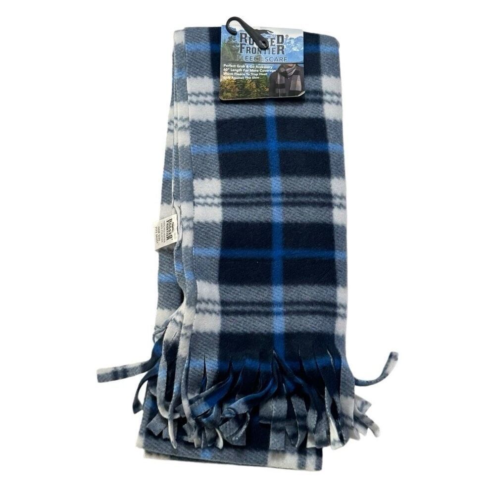 RUGGED FRONTIER PLAID WINTER SCARF 60” One Size FLEECE FRINGE BLUE/WHITE NWT